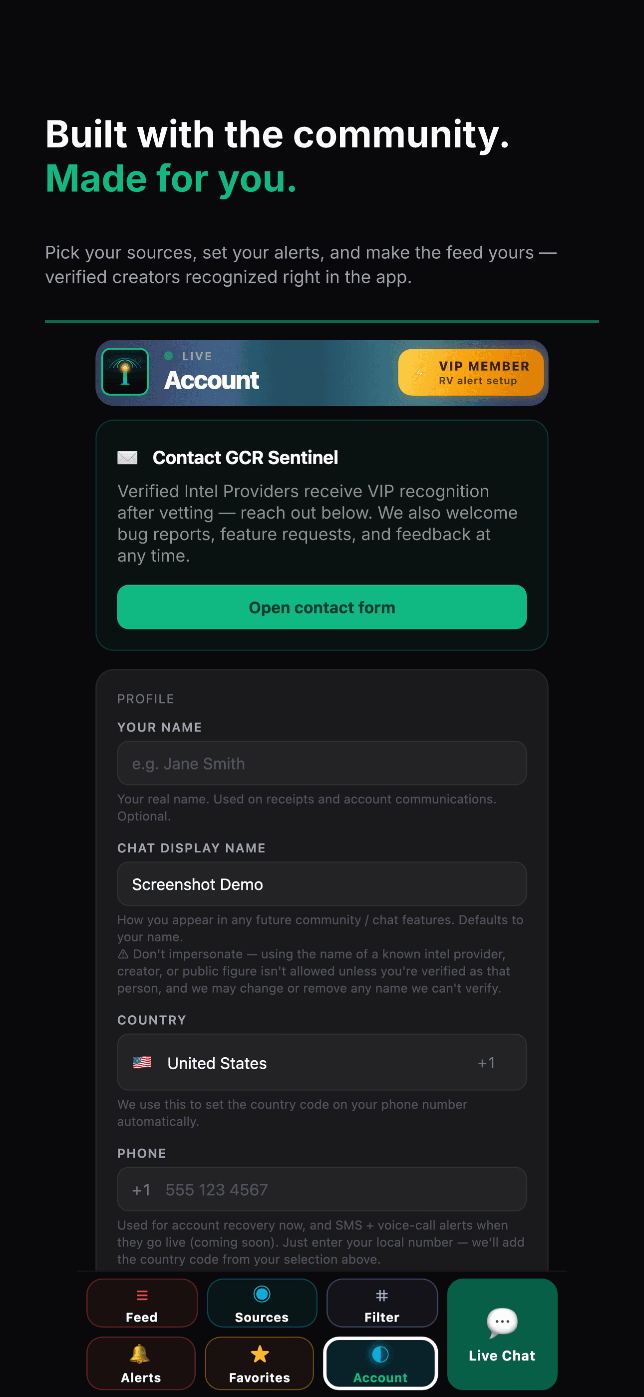 The VIP RV-day alert setup screen.